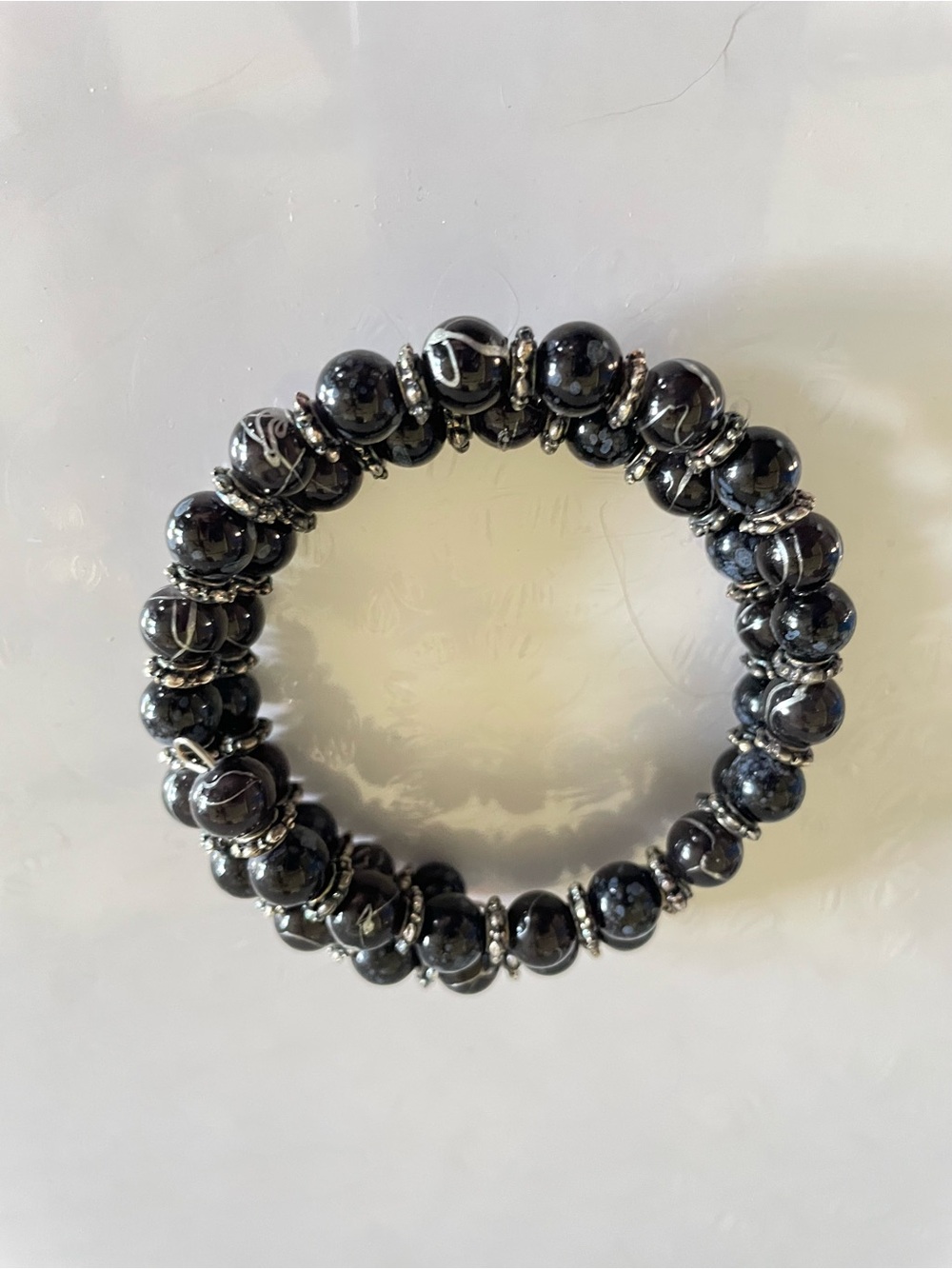 Black Beaded Stretch Bracelet with Silver Accents